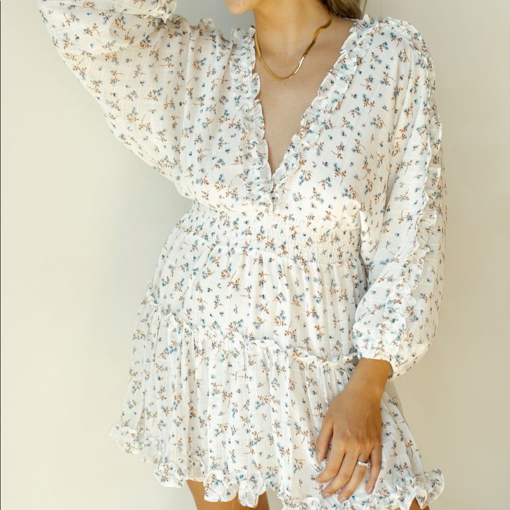 Red Dress White Floral Ruffle Dress
